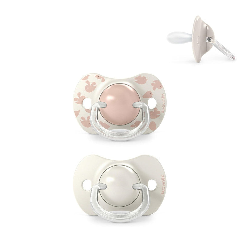 Suavinex, Pack of 2 Pacifiers for Babies 6/18 Months, with Physiological Silicone Teat SX Pro Symmetrical, Flat and Flexible, Respects Oral Development, Birdies Pink