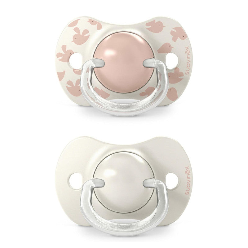 Suavinex, Pack of 2 Pacifiers for Babies 6/18 Months, with Physiological Silicone Teat SX Pro Symmetrical, Flat and Flexible, Respects Oral Development, Birdies Pink