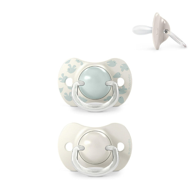 Suavinex, Pack of 2 Pacifiers for Babies 6/18 Months, with Physiological Silicone Teat SX Pro Symmetrical, Flat and Flexible, Respects Oral Development, Birdies Green