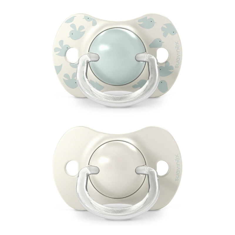 Suavinex, Pack of 2 Pacifiers for Babies 6/18 Months, with Physiological Silicone Teat SX Pro Symmetrical, Flat and Flexible, Respects Oral Development, Birdies Green