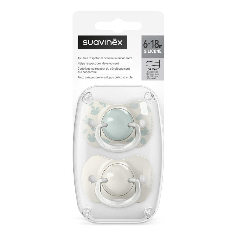 Suavinex, Pack of 2 Pacifiers for Babies 6/18 Months, with Physiological Silicone Teat SX Pro Symmetrical, Flat and Flexible, Respects Oral Development, Birdies Green