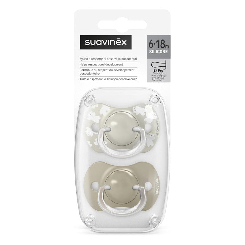 Suavinex, Pack of 2 Pacifiers for Babies 6/18 Months, with Physiological Silicone Teat SX Pro Symmetrical, Flat and Flexible, Respects Oral Development, Wild&Free Beige