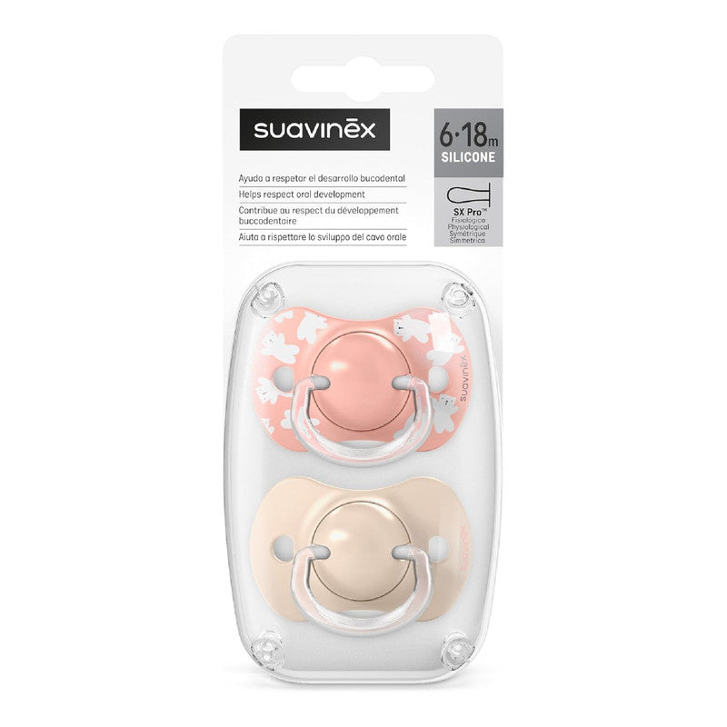 Suavinex, Pack of 2 Pacifiers for Babies 6/18 Months, with Physiological Silicone Teat SX Pro Symmetrical, Flat and Flexible, Respects Oral Development, Wild&Free Pink