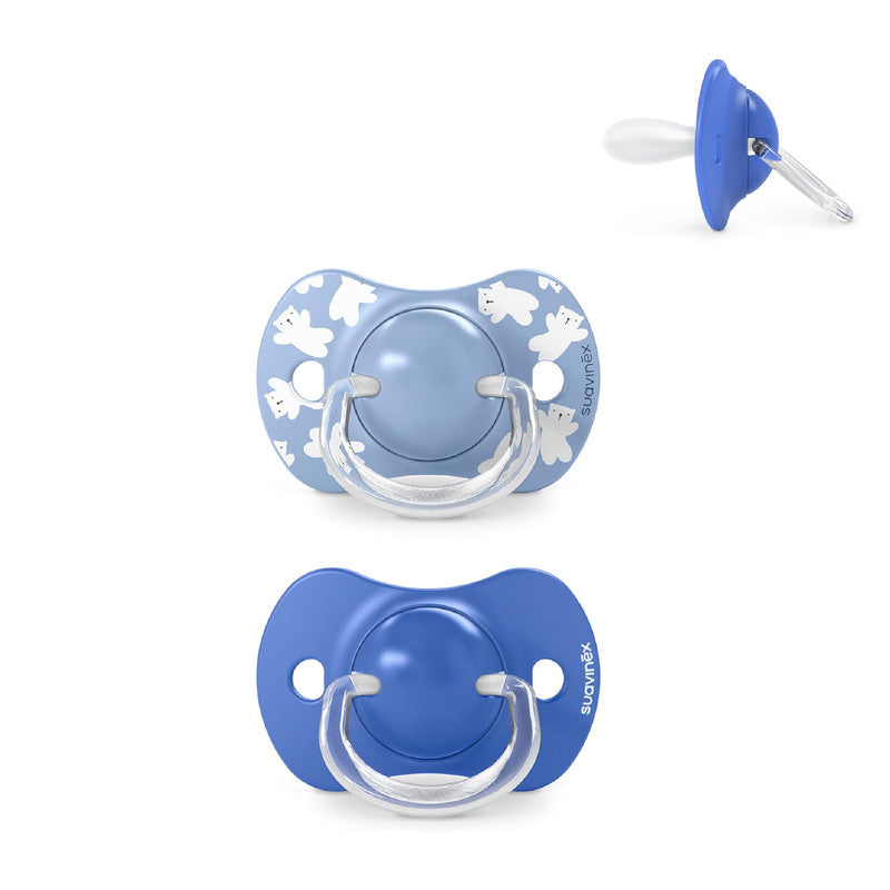 Suavinex, Pack of 2 Pacifiers for Babies 6/18 Months, with Physiological Silicone Teat SX Pro Symmetrical, Flat and Flexible, Respects Oral Development, Wild&Free Blue