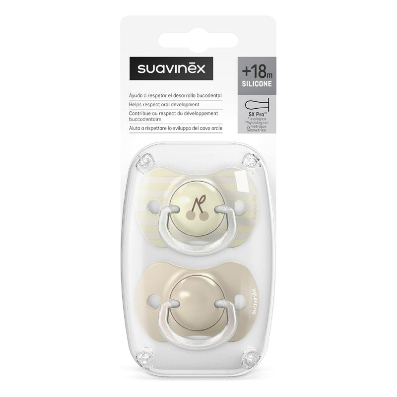 Suavinex, Pack of 2 Pacifiers for Babies +18 Months, with Physiological Silicone Teat SX Pro Symmetrical, Flat and Flexible, Respects Oral Development, Birdies Beige