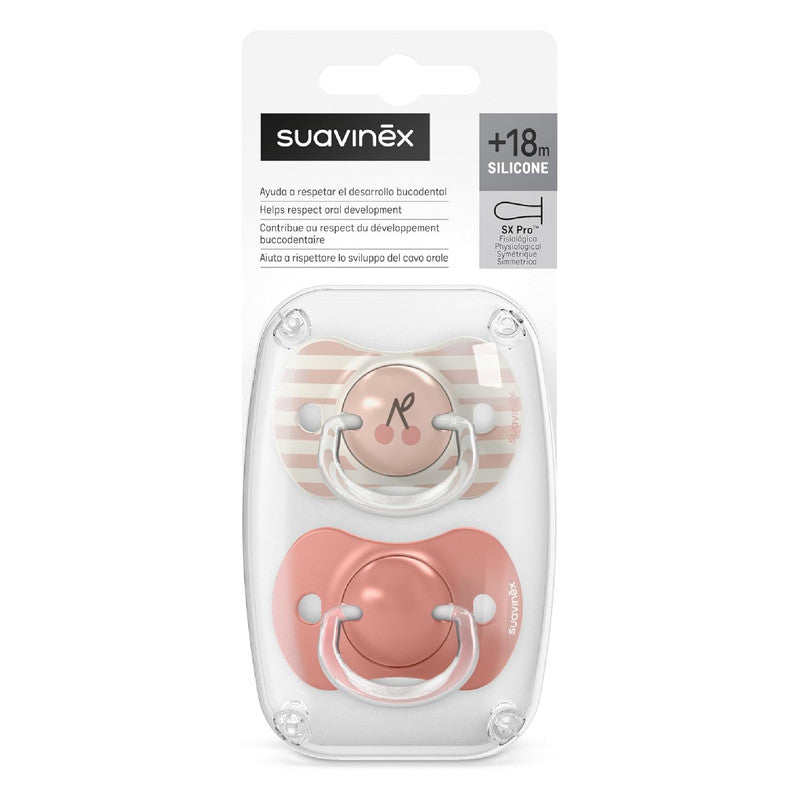 Suavinex, Pack of 2 Pacifiers for Babies +18 Months, with Physiological Silicone Teat SX Pro Symmetrical, Flat and Flexible, Respects Oral Development, Birdies Pink