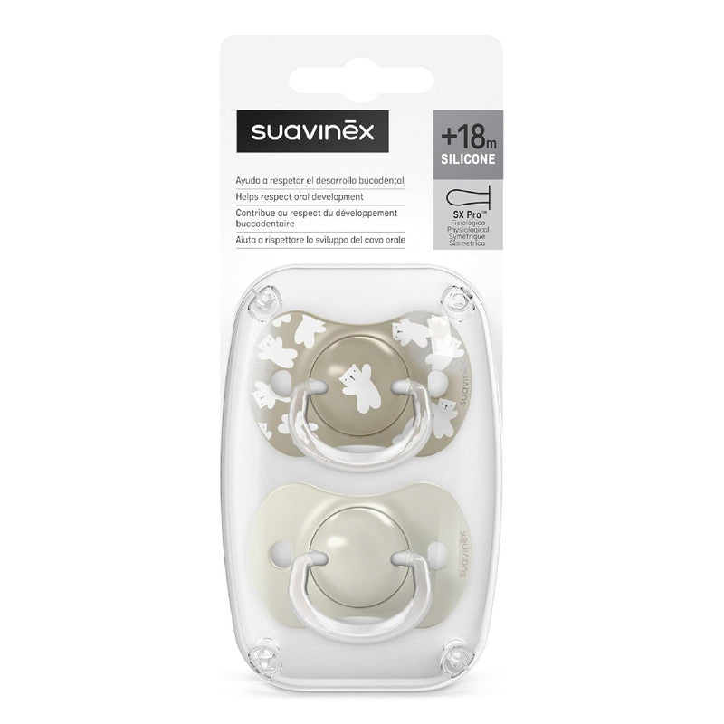 Suavinex, Pack of 2 Pacifiers for Babies +18 Months, with Physiological Silicone Teat SX Pro Symmetrical, Flat and Flexible, Respects Oral Development, Wild&Free Beige