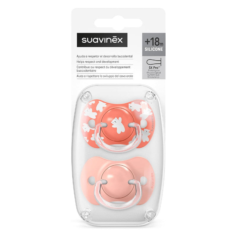 Suavinex, Pack of 2 Pacifiers for Babies +18 Months, with Physiological Silicone Teat SX Pro Symmetrical, Flat and Flexible, Respects Oral Development, Wild&Free Pink