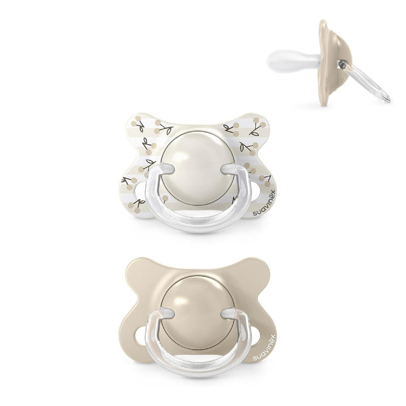 Suavinex, Pack of 2 Baby Pacifiers Newborn and Small, Special Size Mini -2/2 Months, SX Pro Symmetrical and Flexible Silicone Physiological Teat, Respects Oral Development, Birdies Beige