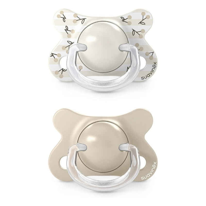 Suavinex, Pack of 2 Baby Pacifiers Newborn and Small, Special Size Mini -2/2 Months, SX Pro Symmetrical and Flexible Silicone Physiological Teat, Respects Oral Development, Birdies Beige
