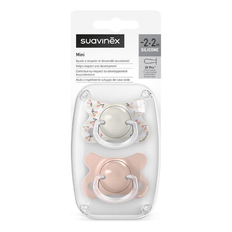 Suavinex, Pack of 2 Baby Pacifiers Newborn and Small, Special Size Mini -2/2 Months, SX Pro Symmetrical and Flexible Silicone Physiological Teat, Respects Oral Development, Birdies Pink