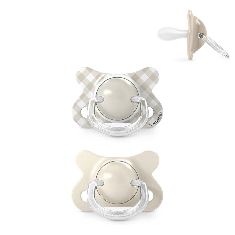 Suavinex, Pack of 2 Baby Pacifiers Newborn and Small, Special Size Mini -2/2 Months, Physiological Silicone Teat SX Pro Symmetrical and Flexible, Respects Oral Development, Wild&Free Beige