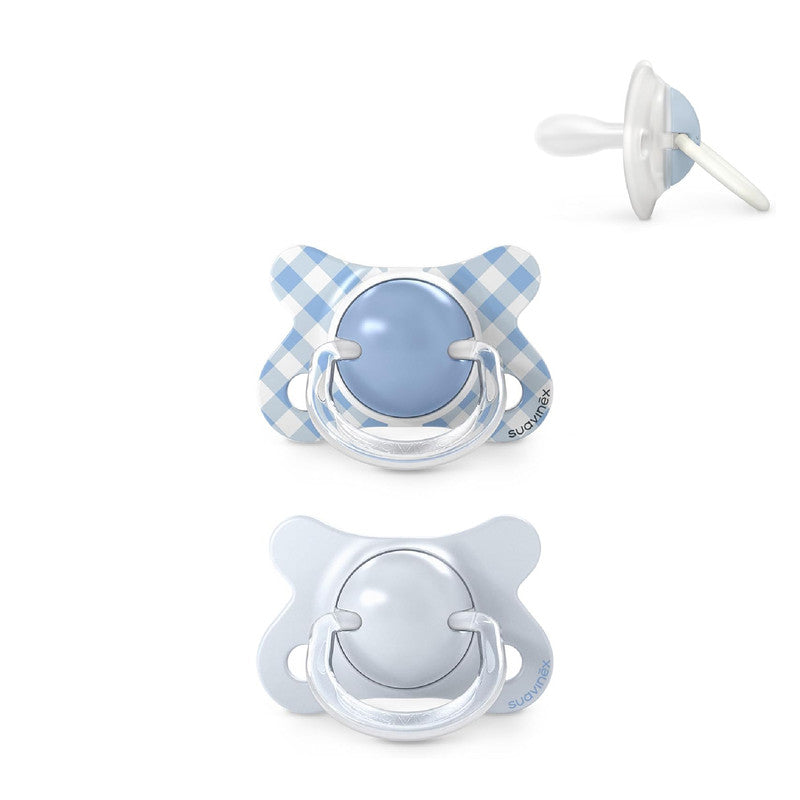 Suavinex, Pack of 2 Baby Pacifiers Newborn and Small, Special Size Mini -2/2 Months, SX Pro Symmetrical and Flexible Silicone Physiological Teat, Respects Oral Development, Wild&Free Blue