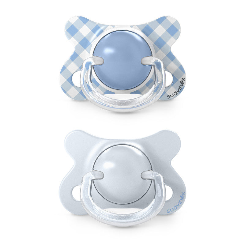 Suavinex, Pack of 2 Baby Pacifiers Newborn and Small, Special Size Mini -2/2 Months, SX Pro Symmetrical and Flexible Silicone Physiological Teat, Respects Oral Development, Wild&Free Blue