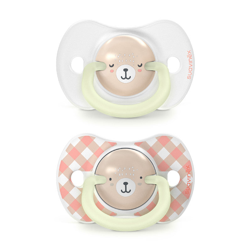 Suavinex, Pack of 2 Glow in the Dark Pacifiers, Babies 0/6 Months and Newborns, Sleeping, with Fluorescent Ring and SX Pro Silicone Physiological Teat, Flat and Flexible, Pink