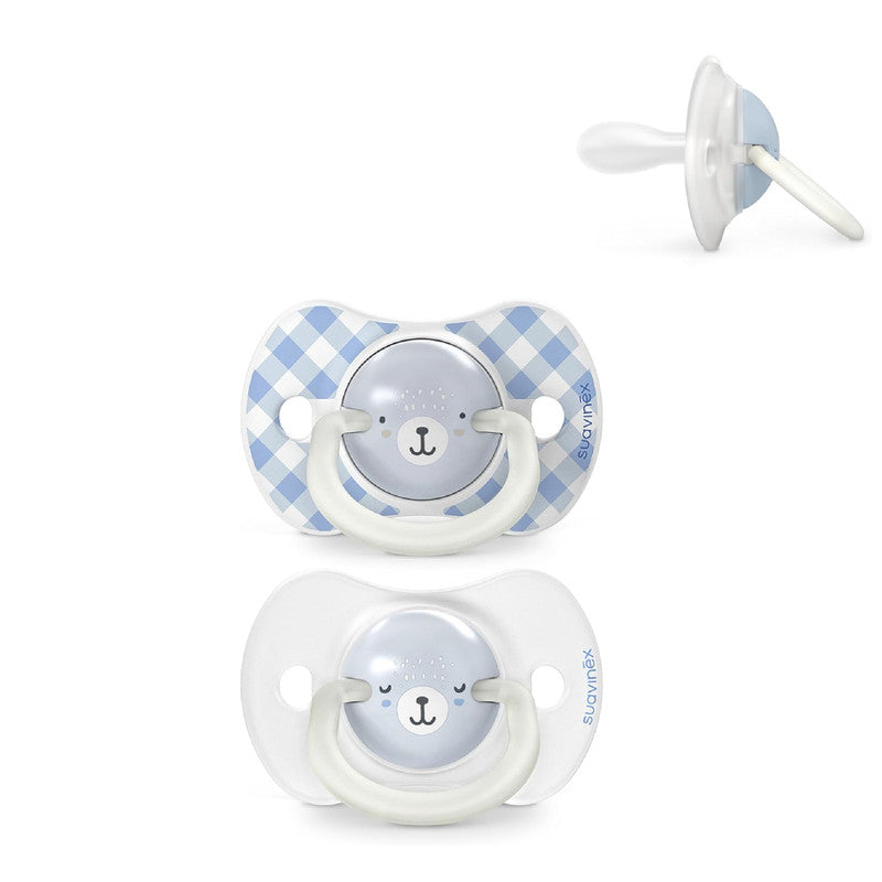 Suavinex, Pack of 2 Glow in the Dark Pacifiers, Babies 0/6 Months and Newborns, for Sleeping, with Fluorescent Ring and SX Pro Silicone Physiological Teat, Flat and Flexible, Blue