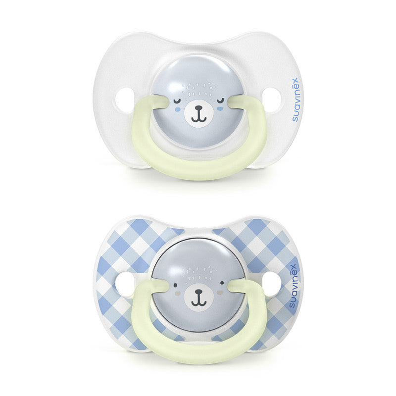 Suavinex, Pack of 2 Glow in the Dark Pacifiers, Babies 0/6 Months and Newborns, for Sleeping, with Fluorescent Ring and SX Pro Silicone Physiological Teat, Flat and Flexible, Blue