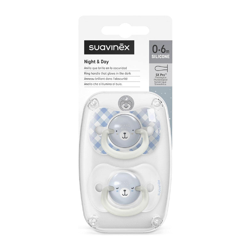 Suavinex, Pack of 2 Glow in the Dark Pacifiers, Babies 0/6 Months and Newborns, for Sleeping, with Fluorescent Ring and SX Pro Silicone Physiological Teat, Flat and Flexible, Blue