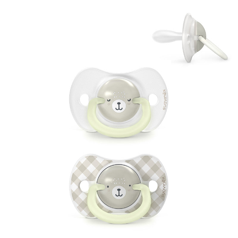 Suavinex, Pack of 2 Glow in the Dark Soothers, Babies 6/18 Months, Sleeping, with Fluorescent Ring and SX Pro Silicone Physiological Teat, Flat and Flexible, Grey