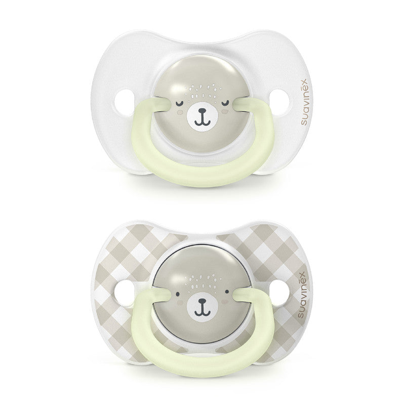Suavinex, Pack of 2 Glow in the Dark Soothers, Babies 6/18 Months, Sleeping, with Fluorescent Ring and SX Pro Silicone Physiological Teat, Flat and Flexible, Grey