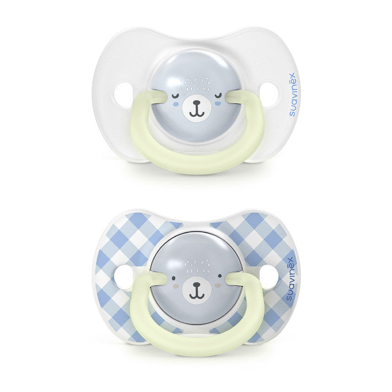 Suavinex, Pack of 2 Glow in the Dark Soothers, Babies 6/18 Months, Sleeping, with Fluorescent Ring and SX Pro Silicone Physiological Teat, Flat and Flexible, Blue