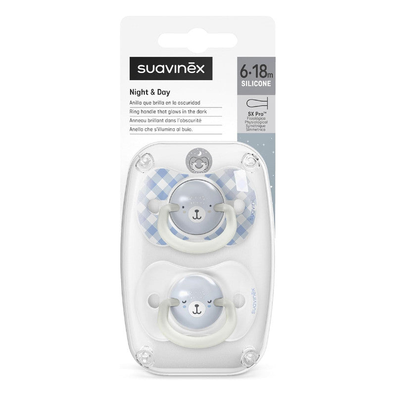 Suavinex, Pack of 2 Glow in the Dark Soothers, Babies 6/18 Months, Sleeping, with Fluorescent Ring and SX Pro Silicone Physiological Teat, Flat and Flexible, Blue