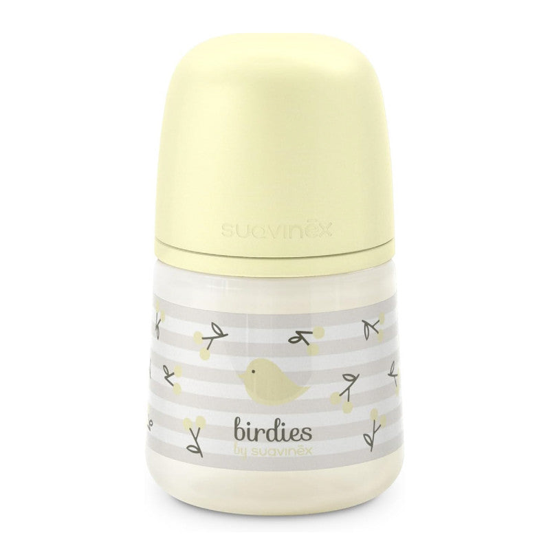 Suavinex, Anticolic Baby Bottle 150ml with SX Pro Silicone Physiological Teat, Slow Flow (S) for Breast and Artificial Milk or Water, Babies +0 Months and Newborns, Birdies Beige