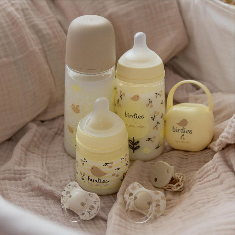 Suavinex, Anticolic Baby Bottle 150ml with SX Pro Silicone Physiological Teat, Slow Flow (S) for Breast and Artificial Milk or Water, Babies +0 Months and Newborns, Birdies Beige
