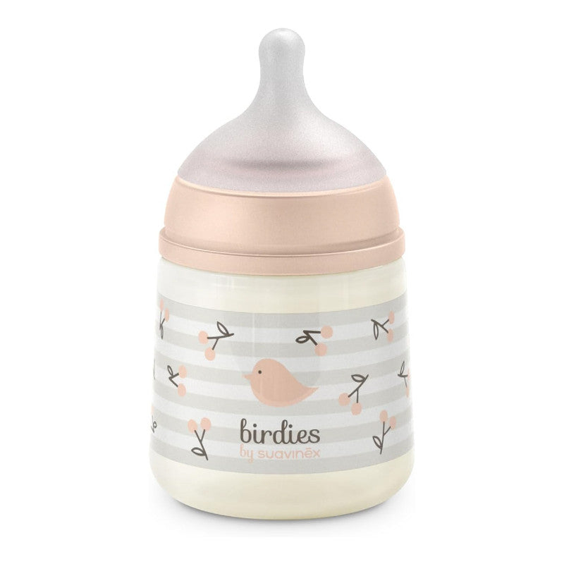 Suavinex, Anticolic Baby Bottle 150ml with SX Pro Silicone Physiological Teat, Slow Flow (S) for Breast and Artificial Milk or Water, Babies +0 Months and Newborns, Birdies Pink