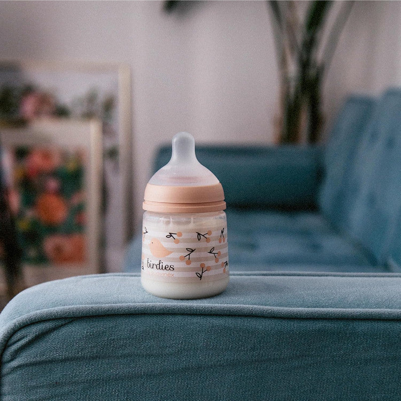 Suavinex, Anticolic Baby Bottle 150ml with SX Pro Silicone Physiological Teat, Slow Flow (S) for Breast and Artificial Milk or Water, Babies +0 Months and Newborns, Birdies Pink