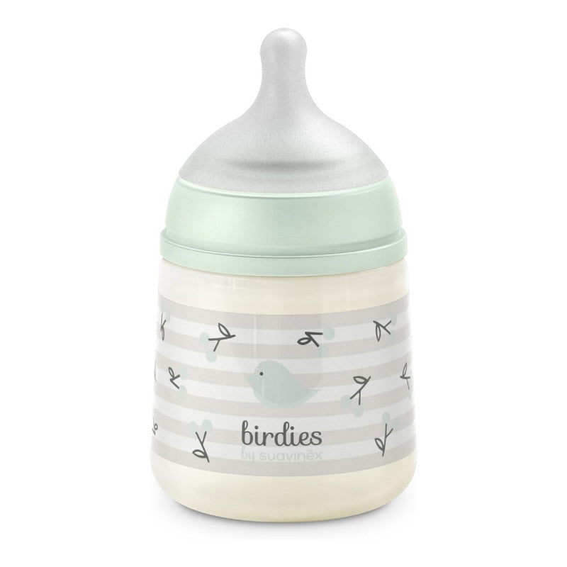 Suavinex, Anticolic Baby Bottle 150ml with SX Pro Silicone Physiological Teat, Slow Flow (S) for Breast and Artificial Milk or Water, Babies +0 Months and Newborns, Green Birdies