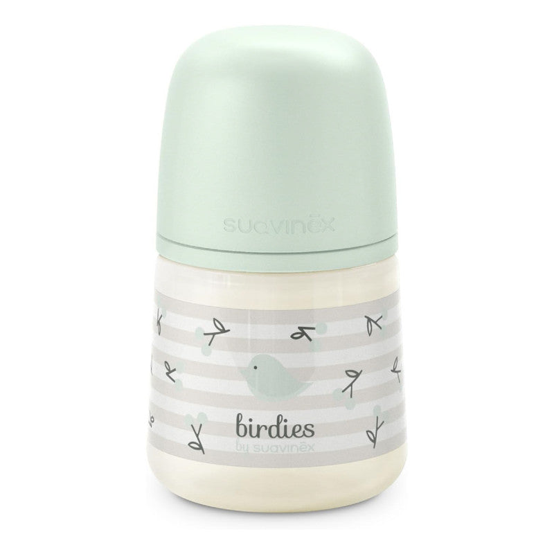 Suavinex, Anticolic Baby Bottle 150ml with SX Pro Silicone Physiological Teat, Slow Flow (S) for Breast and Artificial Milk or Water, Babies +0 Months and Newborns, Green Birdies