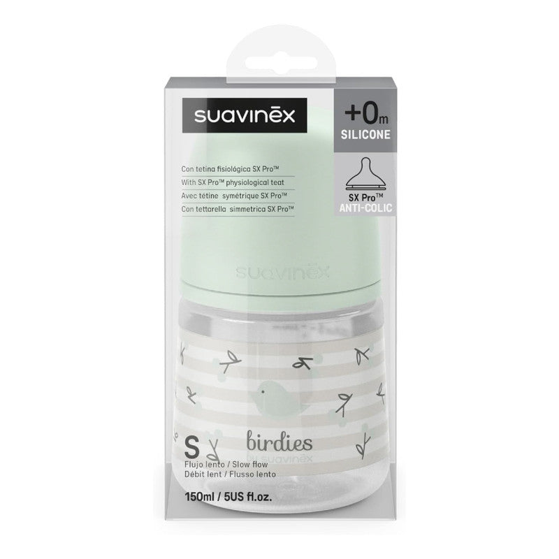 Suavinex, Anticolic Baby Bottle 150ml with SX Pro Silicone Physiological Teat, Slow Flow (S) for Breast and Artificial Milk or Water, Babies +0 Months and Newborns, Green Birdies