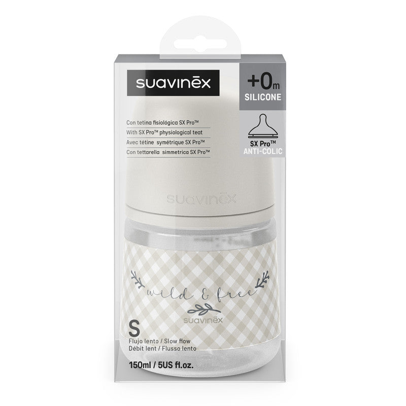 Suavinex, 150ml Bottle with Physiological SX Pro Silicone Teat with Anti-Colic Valve, Slow Flow (S) for Breast and Artificial Milk or Water, Babies +0 Months and Newborns, Wild&Free Beige