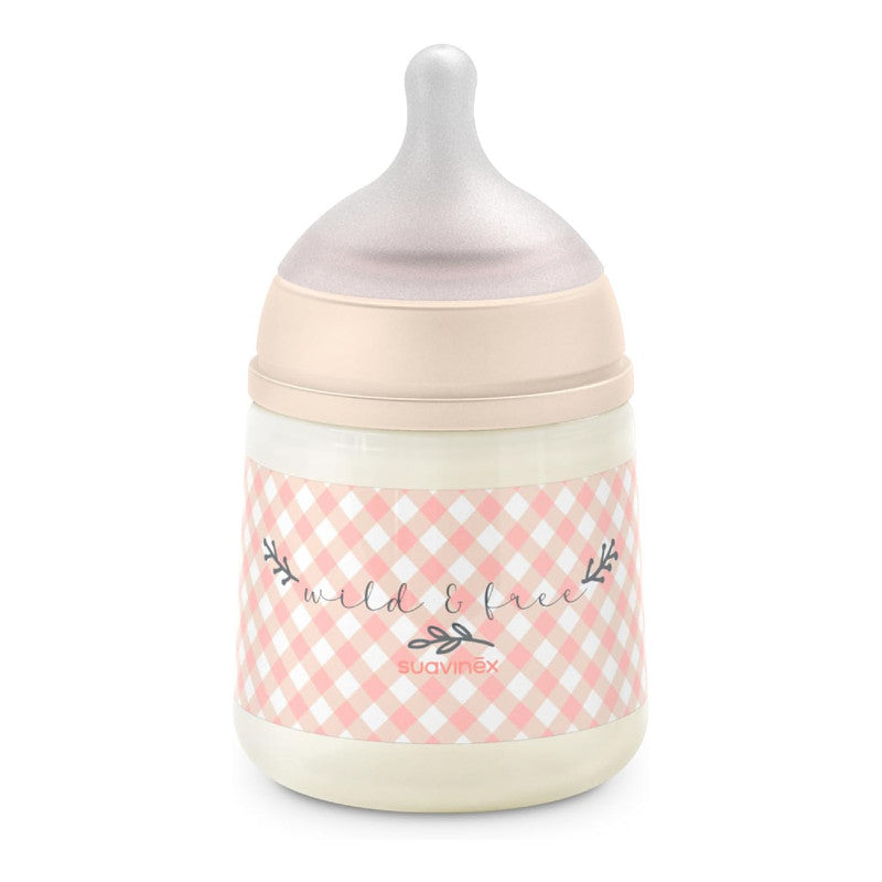 Suavinex, 150ml Bottle with Physiological SX Pro Silicone Teat with Anti-Colic Valve, Slow Flow (S) for Breast and Artificial Milk or Water, Babies +0 Months and Newborns, Wild&Free Pink