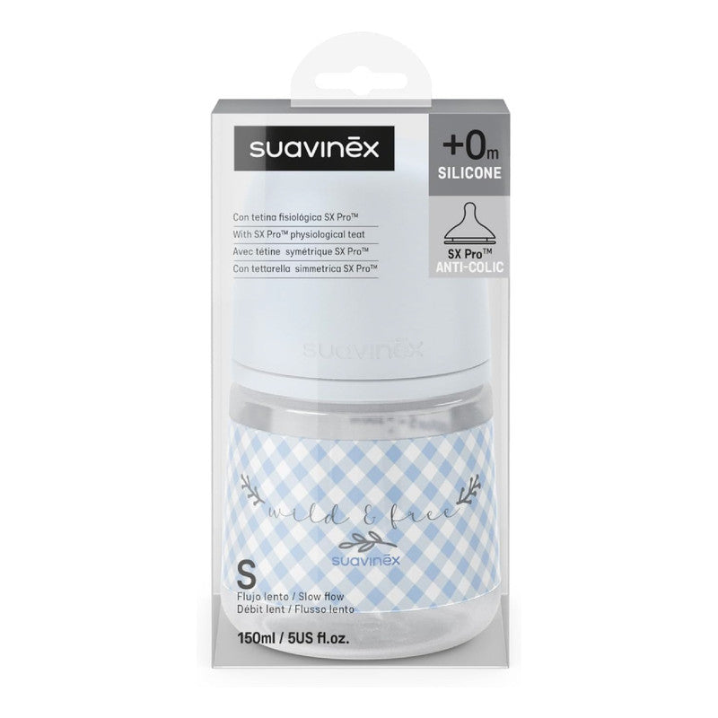Suavinex, 150ml Bottle with Physiological SX Pro Silicone Teat with Anti-Colic Valve, Slow Flow (S) for Breast and Artificial Milk or Water, Babies +0 Months and Newborns, Wild&Free Blue