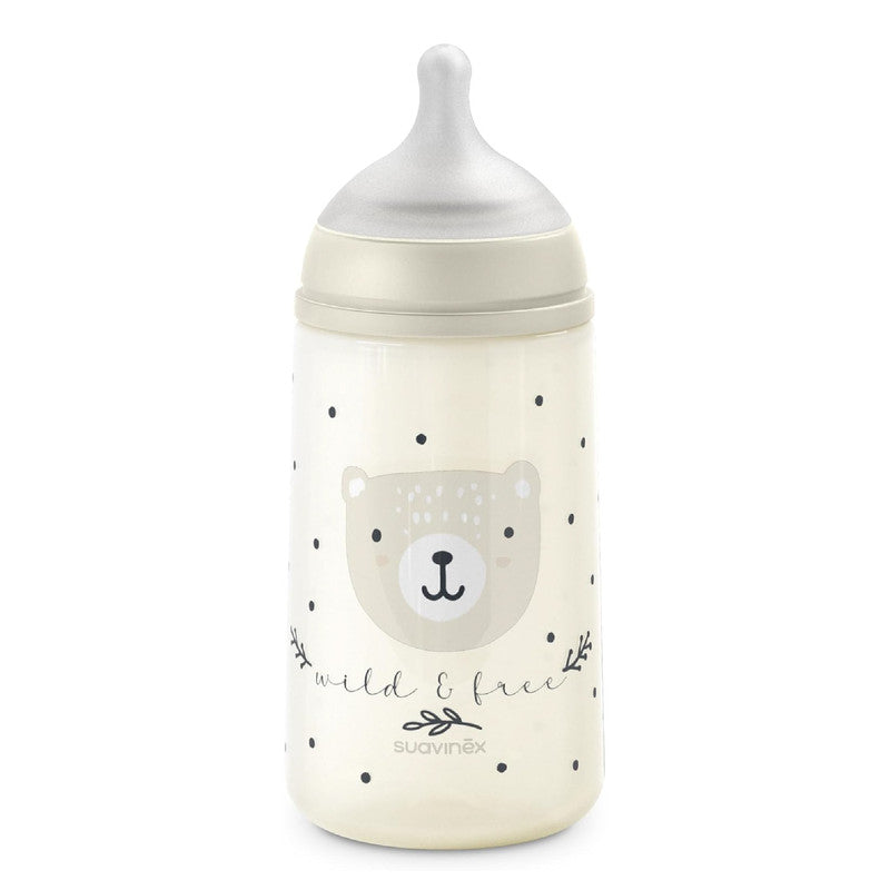 Suavinex, 270 ml Bottle with Physiological SX Pro Silicone Teat with Anti-colic Valve, Medium Flow (M), for Liquids, Milk, Juice or Water, Babies +3 Months. Wild&Free Beige