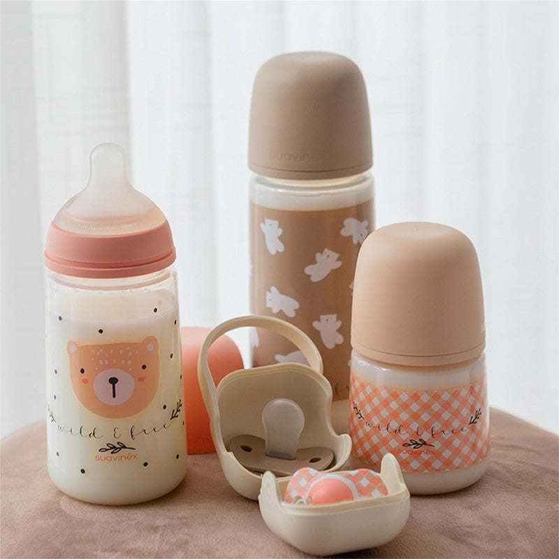 Suavinex, 270 ml Bottle with Physiological SX Pro Silicone Teat with Anti-colic Valve, Medium Flow (M), for Liquids, Milk, Juice or Water, Babies +3 Months, Wild&Free Pink