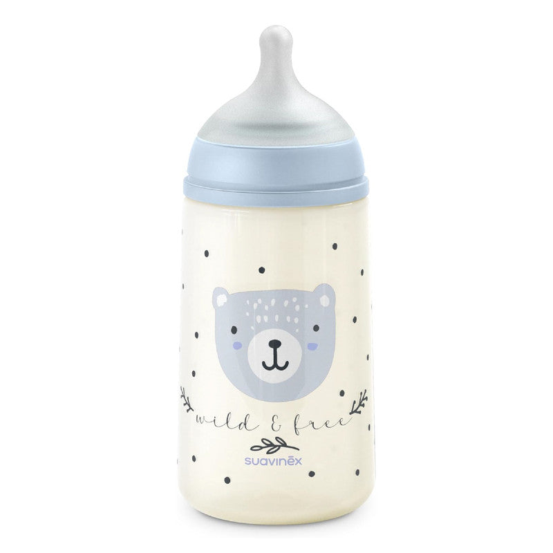 Suavinex, 270 ml Bottle with Physiological SX Pro Silicone Teat with Anti-colic Valve, Medium Flow (M), for Liquids, Medium Density, Milk, Juice or Water, Babies +3 Months. Wild&Free Blue