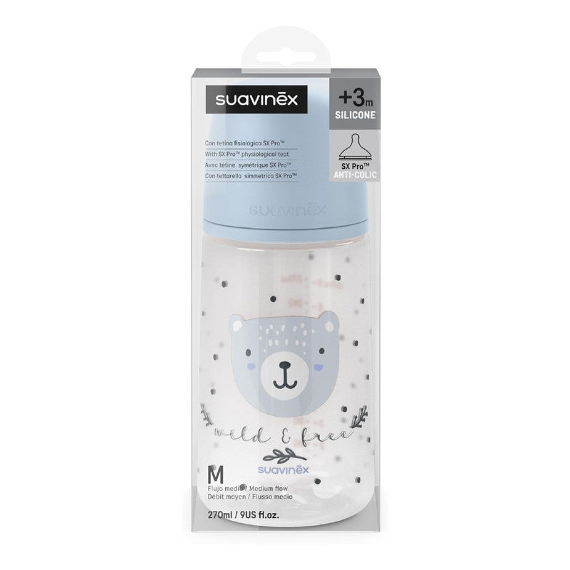Suavinex, 270 ml Bottle with Physiological SX Pro Silicone Teat with Anti-colic Valve, Medium Flow (M), for Liquids, Medium Density, Milk, Juice or Water, Babies +3 Months. Wild&Free Blue