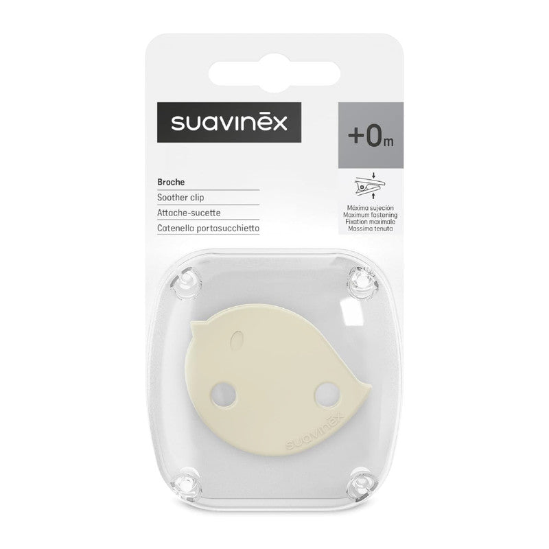 Suavinex, Pacifier Holder, Baby Pacifier Chain, Clip with Clamp, Bird-Shaped Plate. For Babies +0 Months, Suitable for Newborns, Birdies Beige