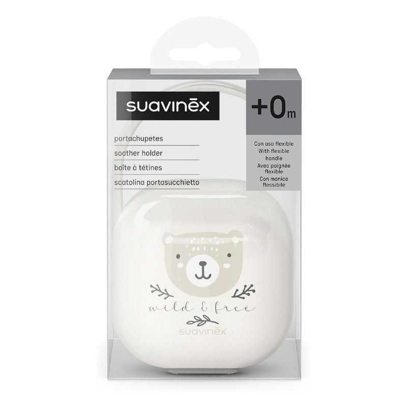 Suavinex, Baby Pacifier Holder, for Carrying 2 Pacifiers, Box – Durable and Easy to Clean Case, with Flexible Handle for Hanging from Bag, Trolley or Cot, Secure Closure, +0 Months, Wild&Free Beige