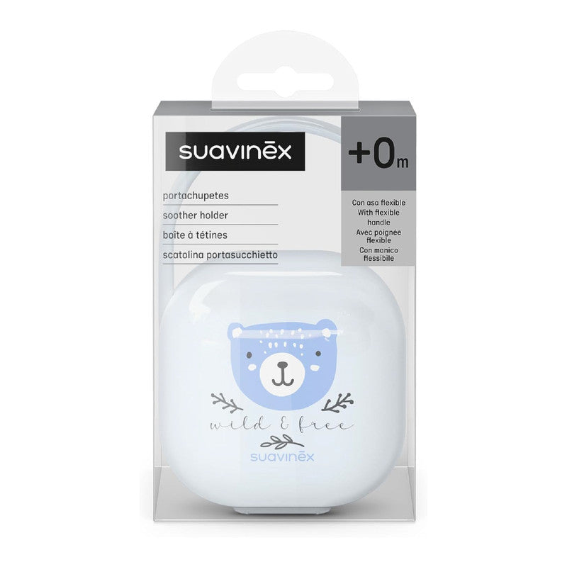 Suavinex, Baby Pacifier Holder, for Carrying 2 Pacifiers, Box – Durable and Easy to Clean Case, with Flexible Handle for Hanging from Bag, Trolley or Cot, Secure Closure, +0 Months, Wild&Free Blue