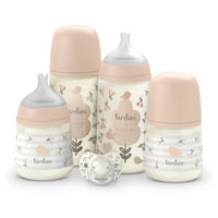 Suavinex, Newborn Baby Bottle Set, Gift Pack with: 2 x 270 ml Medium Flow + 2 x 150 ml Slow Flow + Pacifier 0 to 6 Months, Physiological SX Pro Silicone Teats, 5 Pcs, +0M, Birdies Pink_1