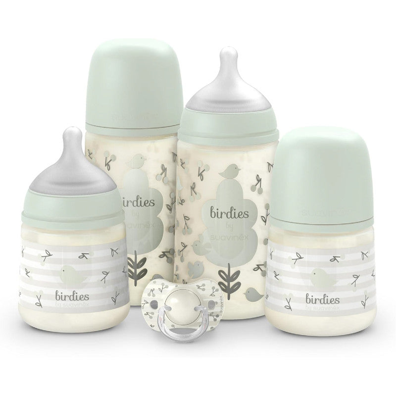 Suavinex, Newborn Baby Bottle Set, Gift Pack with: 2 x 270 ml Medium Flow + 2 x 150 ml Slow Flow + Pacifier 0 to 6 Months, Physiological SX Pro Silicone Teats, 5 Pcs, +0M, Birdies Green