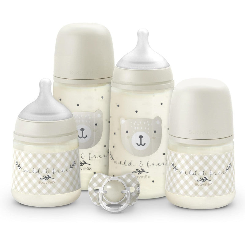 Suavinex, Newborn Baby Bottle Set, Gift Pack with: 2 x 270 ml Medium Flow + 2 x 150 ml Slow Flow + Pacifier 0 to 6 Months, Physiological SX Pro Silicone Teats, 5 Pcs, +0M, Wild&Free Beige