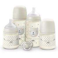 Suavinex, Newborn Baby Bottle Set, Gift Pack with: 2 x 270 ml Medium Flow + 2 x 150 ml Slow Flow + Pacifier 0 to 6 Months, Physiological SX Pro Silicone Teats, 5 Pcs, +0M, Wild&Free Beige_1