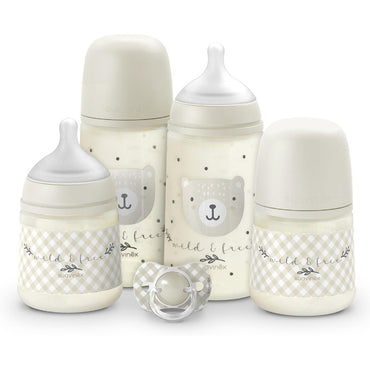 suavinex-newborn-baby-bottle-set-gift-pack-with-2-x-270-ml-medium-flow-2-x-150-ml-slow-flow-pacifier-0-to-6-months-physiological-sx-pro-silicone-teats-5-pcs-0m-wild-free-beige