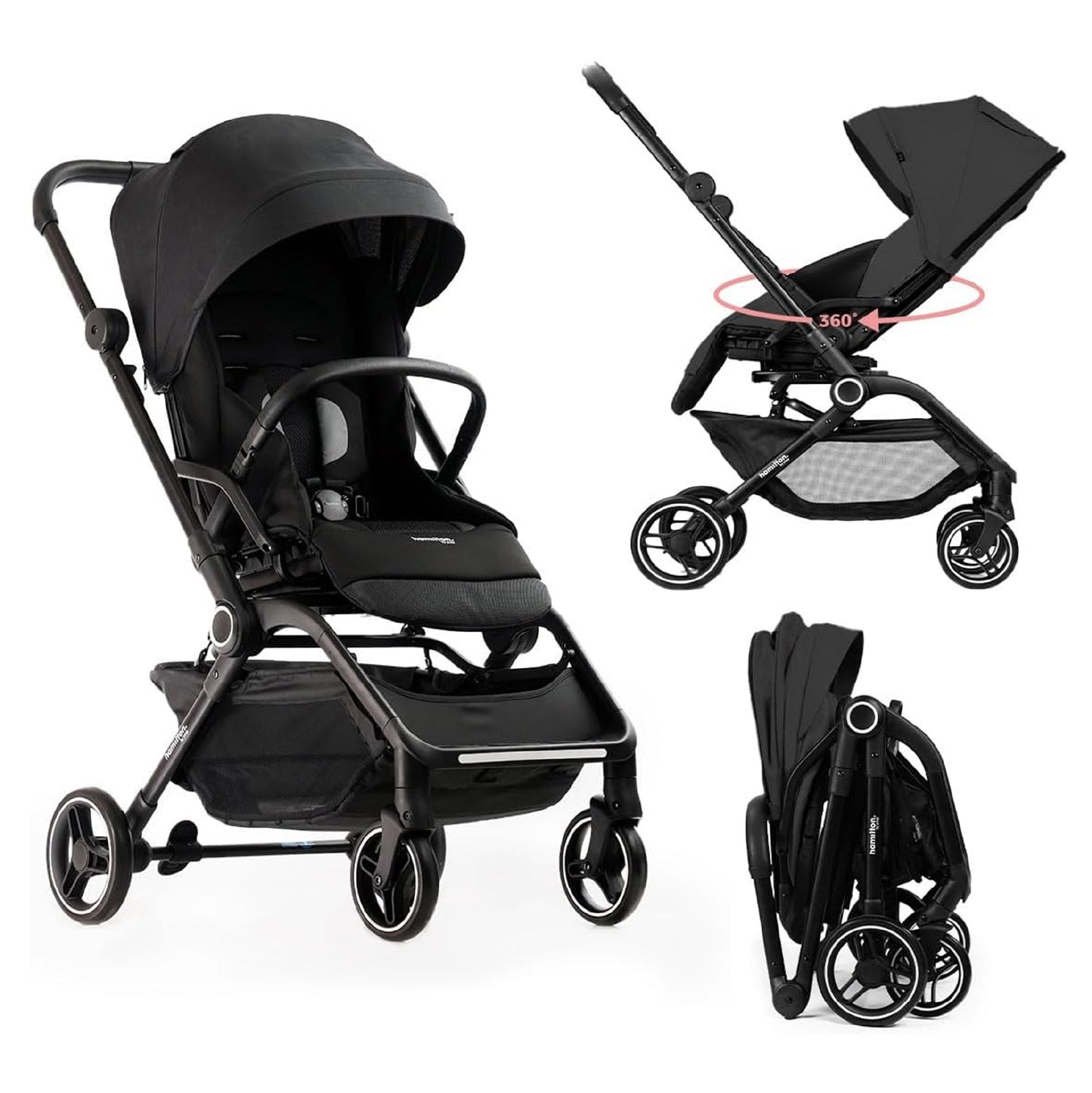 Hamilton by Yoop T1 Buggy – 360° Rotating Seat – MagicFold™ Technology – Foldable – Reflective Wheels with Suspension – Includes Protective Bag and Cup Holder – Adjustable and Manoeuvrable Pushchair – Lightweight Stroller – Folding Buggy – Black