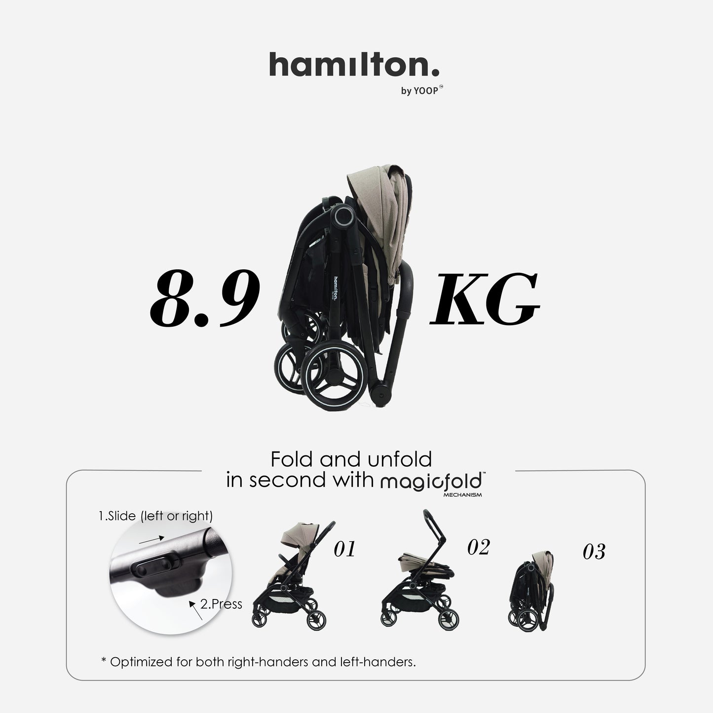 Hamilton by Yoop T1 Buggy – 360° Rotating Seat – MagicFold™ Technology – Foldable – Reflective Wheels with Suspension – Includes Protective Bag and Cup Holder – Adjustable and Manoeuvrable Pushchair – Lightweight Stroller – Folding Buggy – Grey